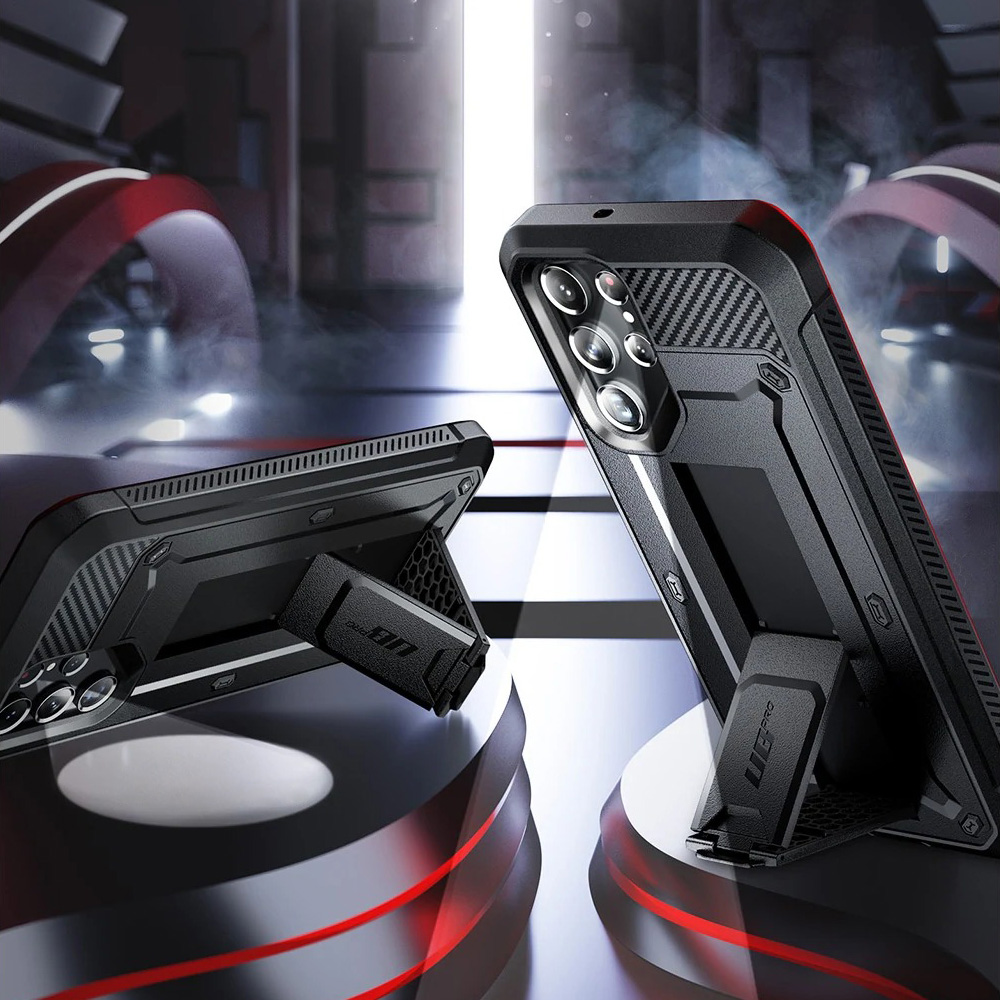 Etui pancerne z osłoną na ekran, z wbudowaną podstawką i kaburą z klipsem obrotowym Supcase Unicorn Beetle Pro do Galaxy S22 Ultra